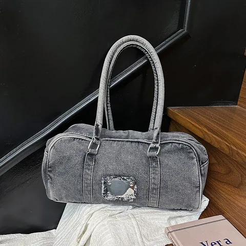 Vintage Washed Denim Shoulder Bag For Women Street Style Metal Plate Distressed Tote Bag Daily Underarm Boston Bag