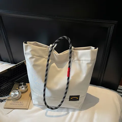 Tote Bag Women's Large Capacity Lightweight Nylon Fabric Contrast Rope Handle Casual Single Shoulder Bag For Daily Travel Work