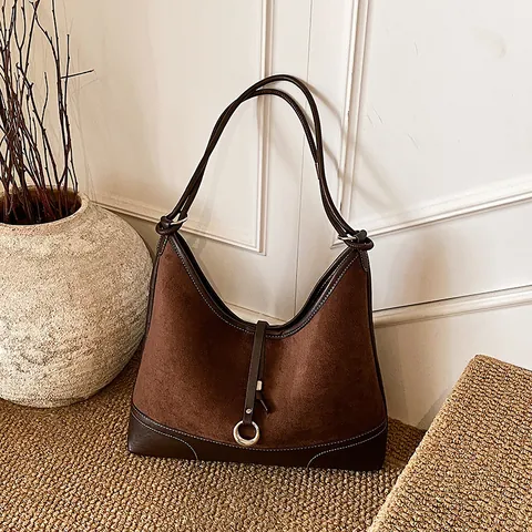 Vintage Wildleder Kunstleder Spleißen Tote Tasche Für Damen Große Kapazität Hobo Tasche Mit Metallring Dekor Minimalistische Schultertasche