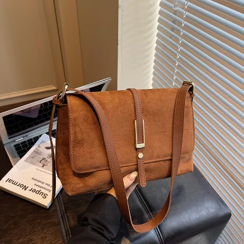 Borsa a Spalla Vintage in Ecopelle PU Scamosciata da Donna Borsa a Tracolla Minimalista Con Fibbia in Metallo Autunno Inverno