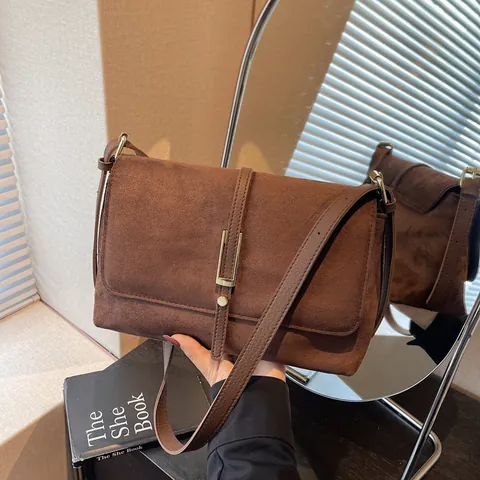 Borsa a Spalla Vintage in Ecopelle PU Scamosciata da Donna Borsa a Tracolla Minimalista Con Fibbia in Metallo Autunno Inverno