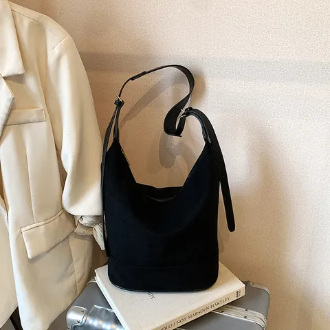 Women Retro Faux Suede Bucket Bag Large Capacity Hobo Shoulder Crossbody Bag Minimalist Street Style Commute Handbag
