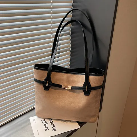 Bolso Tote Vintage con Textura de Gamuza y Gran Capacidad Para Mujer Bolso de Hombro Minimalista de Cuero PU con Hebilla