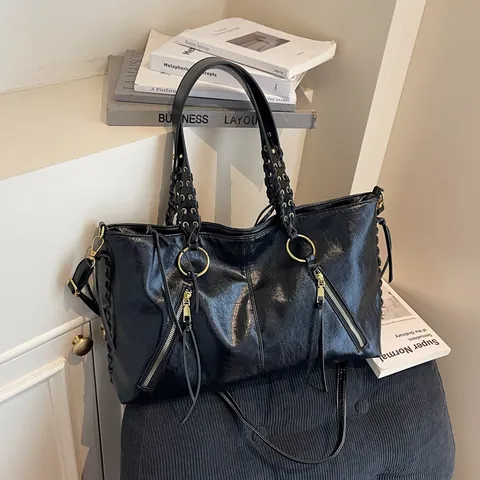 Vintage Large Capacity Women Tote Bag Glossy PU Leather Braided Handle Tassel Decorative Shoulder Crossbody Commuter Handbag