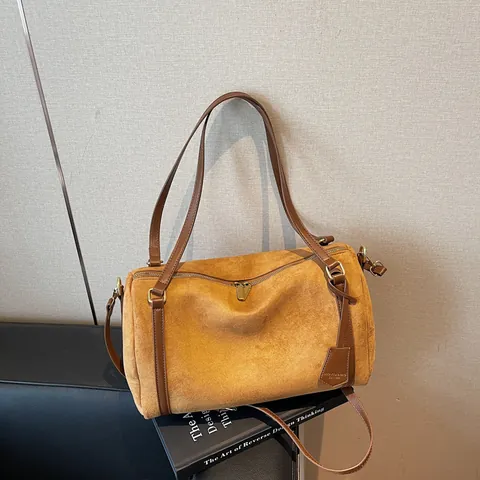 Vintage Wildleder PU Boston Tasche Damen Große Kapazität Bowling Tasche Retro Schulter Handtasche Verstellbarer Gurt