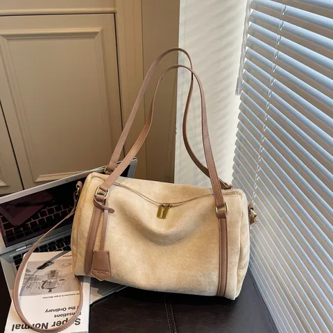 Vintage Wildleder PU Boston Tasche Damen Große Kapazität Bowling Tasche Retro Schulter Handtasche Verstellbarer Gurt