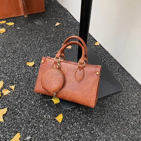 Vintage Women PU Leather Crossbody Bag With Mini Round Coin Purse Solid Color Square Shoulder Bag Gold Hardware Handbag