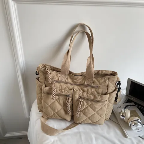 Women Large Capacity Quilted Nylon Tote Bag Multi Pocket Rhombus Pattern Shoulder Bag With Adjustable Strap Casual Commuting Handbag