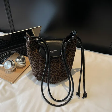 Bolso Bombonera con Estampado de Leopardo para Mujer Retro de Gamuza y Cuero Sintético Bandoulière Moda Bolso Diario