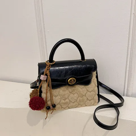 Women Vintage Spliced Faux Fur PU Leather Handbag Heart Pattern Small Square Bag With Pompom Charm Crossbody Bag