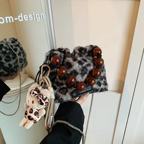 Vintage Luipaardprint Pluche Handtas Kralen Handvat Ketting Riem Dames Street Style Crossbody Schoudertas