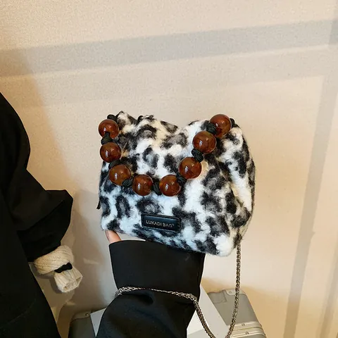 Vintage Luipaardprint Pluche Handtas Kralen Handvat Ketting Riem Dames Street Style Crossbody Schoudertas