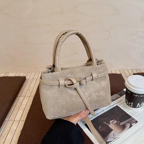 Bolso Bombonera de Gamuza Esmerilada para Mujer Hebilla de Cinturón Retro Bolso de Mano Bandolera Color Sólido Mensajero