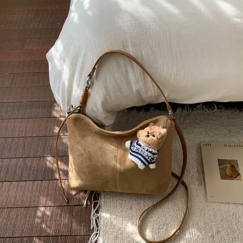 Vintage PU Leather Suede Look Hobo Shoulder Bag With Cute Bear Charm Large Capacity Commute Tote Bag For Women
