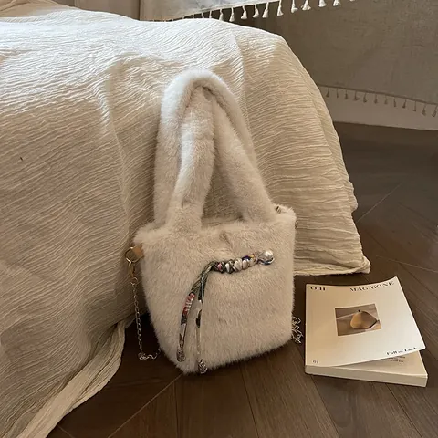 Bolso Bombonera de Peluche para Mujer Piel Sintética Con Pañuelo de Satén y Perlas Artificiales Vintage Cadena de Metal Bandoulière
