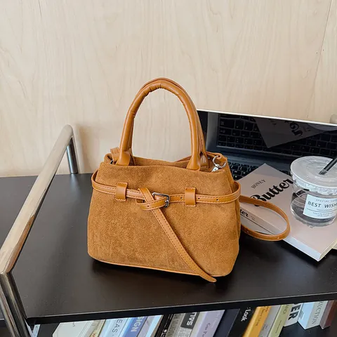 Bolso Bombonera de Gamuza Esmerilada para Mujer Hebilla de Cinturón Retro Bolso de Mano Bandolera Color Sólido Mensajero