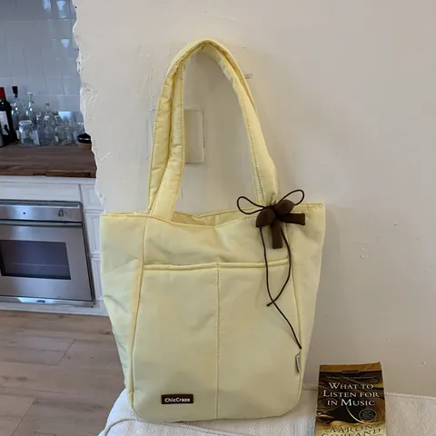 Quilted Puffy Tote Bag For Women Large Capacity Shoulder Bag With Bow Pendant Casual Fabric Handbag For School Travel Commute