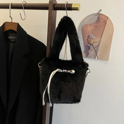 Bolso Bombonera de Peluche para Mujer Piel Sintética Con Pañuelo de Satén y Perlas Artificiales Vintage Cadena de Metal Bandoulière