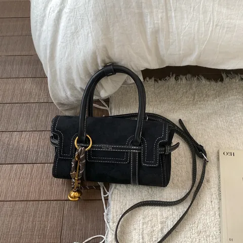 Damen Retro Wildleder-Optik Handtasche Einfache Kontrastnähte Umhängetasche Kleine Quadratische Tasche Henkel Verstellbarer Gurt