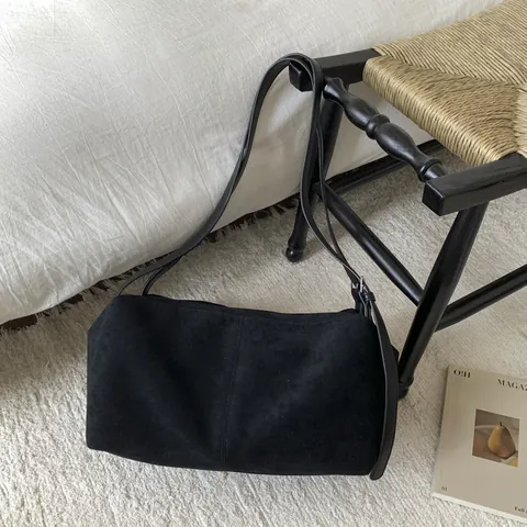 Women Large Capacity Suede Tote Bag Minimalist Retro Shoulder Bag Adjustable Strap Solid Color Commute Underarm Bag