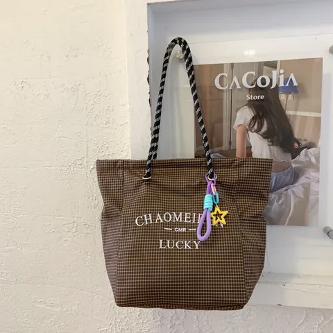 Women Large Capacity Canvas Tote Bag Plaid Grid Print Shoulder Bag Rope Handle Casual Daily Commuter Handbag With Charm