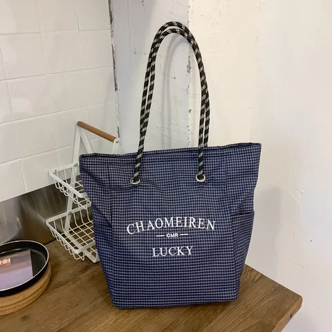 Women Large Capacity Canvas Tote Bag Plaid Grid Print Shoulder Bag Rope Handle Casual Daily Commuter Handbag With Charm