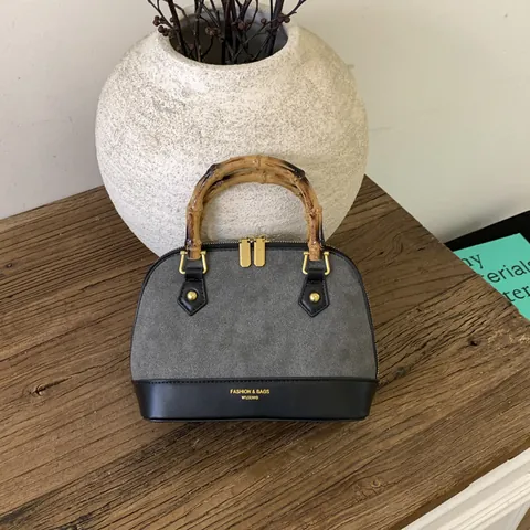Bamboo Handle Splicing PU Leather Shell Handbag For Women Shoulder Crossbody Bag With Plush Pendant Autumn Retro Style