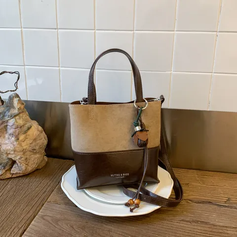 Women's Retro Suede Patchwork Bucket Bag PU Leather Fashion Tote Handbag With Tassel Pendant Crossbody Shoulder Bag For Daily Commute