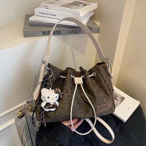 Borsa a Secchiello in Tela Leopardata da Donna Moda Coulisse Tracolla Borsa a Mano Retro Pendolare con Decorazione a Farfalla