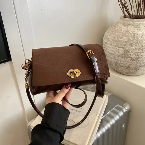 Vintage Women Patchwork Suede PU Leather Underarm Bag Retro Small Square Shoulder Bag With Gold Metal Lock Fashion Commuter Bag