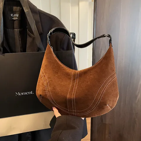 Sac Sous l'Aisselle Vintage en Cuir PU Dépoli Pour Femme Avec Surpiqûres Contrastées Sac Hobo Minimaliste Bandoulière Réglable