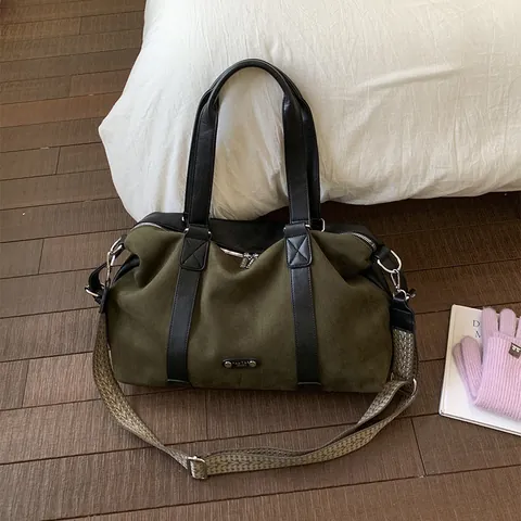 Damen Retro Velourslederimitat PU Leder Einkaufstasche Große Kapazität Umhängetasche Mit Gemustertem Breitem Riemen Reise Handtasche