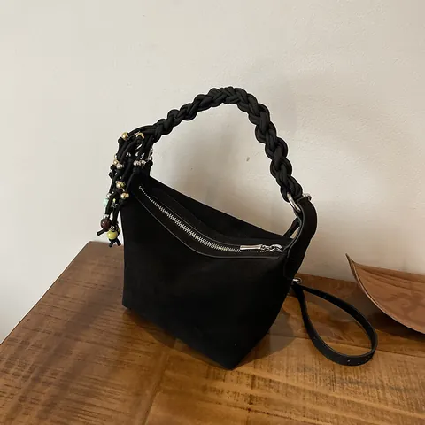 Vintage Women Frosted Suede Crossbody Bag With Braided Handle Colorful Beaded Tassel Fashion Handbag Small Square Shoulder Bag Daily Travel Satchel
