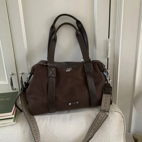 Damen Retro Velourslederimitat PU Leder Einkaufstasche Große Kapazität Umhängetasche Mit Gemustertem Breitem Riemen Reise Handtasche