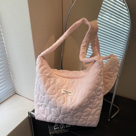 Women Large Capacity Heart Quilted Tote Bag Simple Lightweight Puffy Bubble Texture Fabric Shoulder Bag Daily Commute