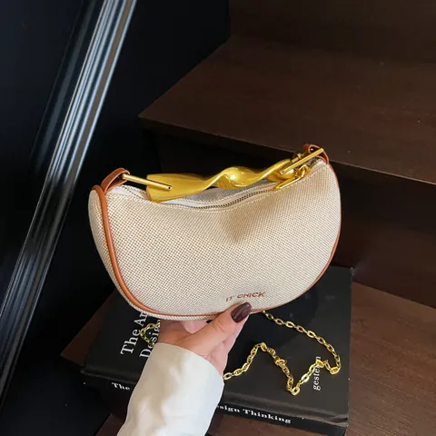 Damen Mode Segeltuch Halbmond Tasche Mit Gedrehtem Metallgriff Kettengurt Minimalistische Hobo-Tasche Für Alltag Schultertasche