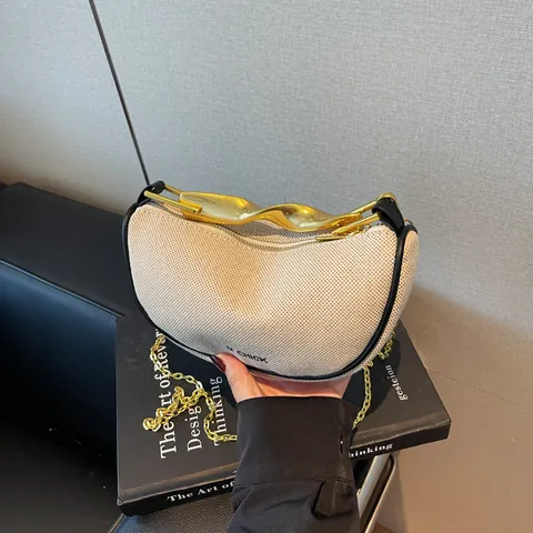 Damen Mode Segeltuch Halbmond Tasche Mit Gedrehtem Metallgriff Kettengurt Minimalistische Hobo-Tasche Für Alltag Schultertasche