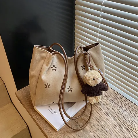 Vintage Suede Hollow Out Floral Petal Tote Bag For Women Large Capacity Underarm Shoulder Bag With Plush Bear Keychain Office Work Handbag
