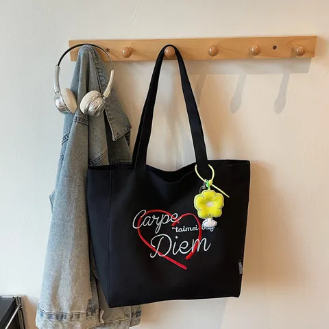 Große Canvas Tote Bag Für Damen Mode Besticktes Herz Carpe Diem Schultertasche Mit Blumenanhänger Täglich Schultasche