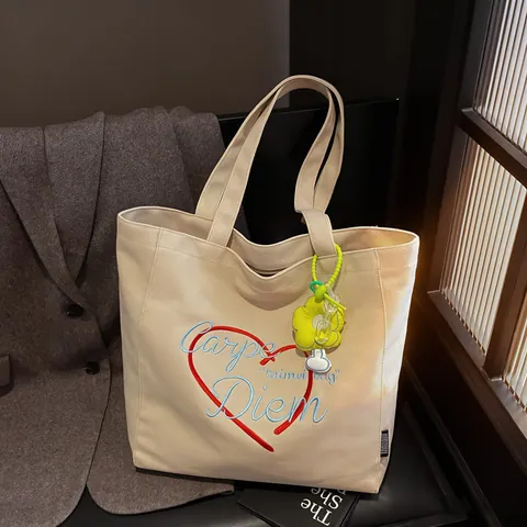 Große Canvas Tote Bag Für Damen Mode Besticktes Herz Carpe Diem Schultertasche Mit Blumenanhänger Täglich Schultasche