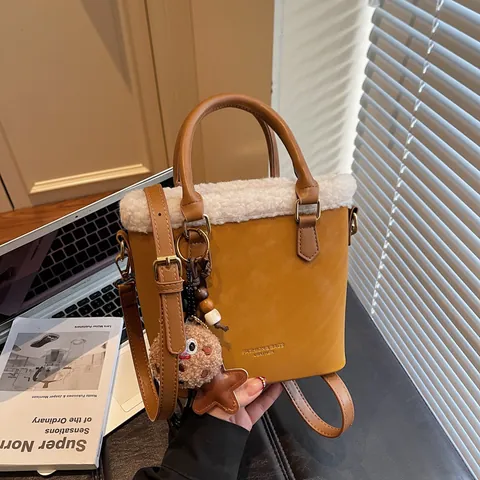 Women Vintage Suede Shoulder Bag Plush Trim Large Capacity Bucket Bag With Adjustable Strap And Cartoon Pendant Handbag