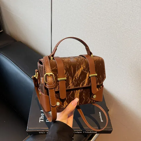 Crinkled Texture PU Leather Small Square Bag Gold Hardware Flap Crossbody Handbag For Women Daily Versatile Shoulder Bag