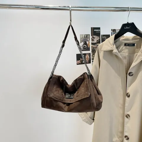 Koreanischer Stil Große Kapazität Wildleder Tragetasche Damen Minimalistisch Umhängetasche Mit Kette Naht Detail Vintage Handtasche