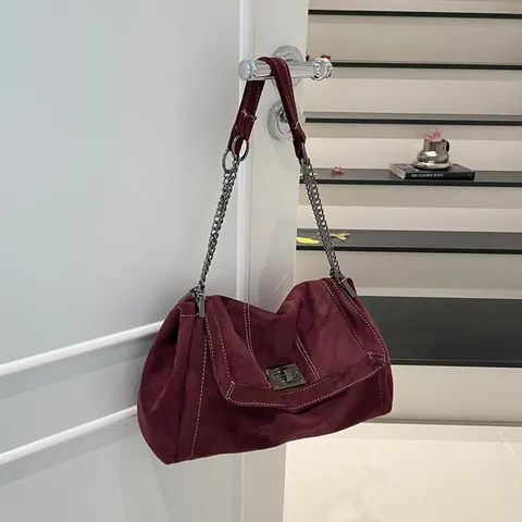 Koreanischer Stil Große Kapazität Wildleder Tragetasche Damen Minimalistisch Umhängetasche Mit Kette Naht Detail Vintage Handtasche