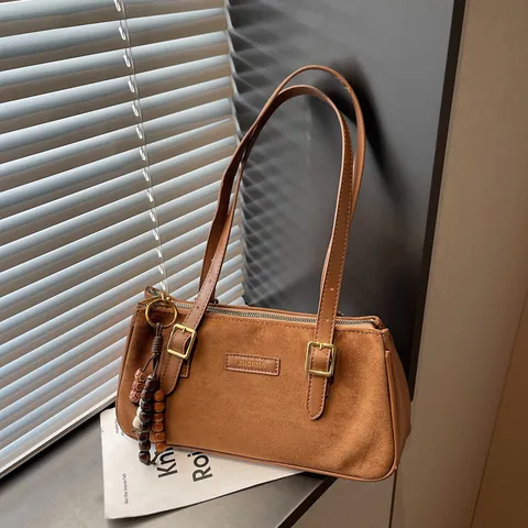 Borsa Sottoascellare in Pelle PU Effetto Camoscio Vintage Minimalista per Donna Borsa a Spalla Retro Moda Con Ciondolo in Perline di Legno Grande Capacità