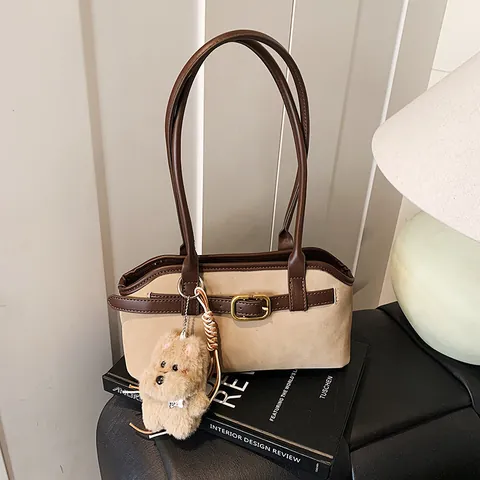 Vintage PU Leather Underarm Bag For Women Retro Metal Buckle Shoulder Bag With Plush Charm Polyester Lining Handbag