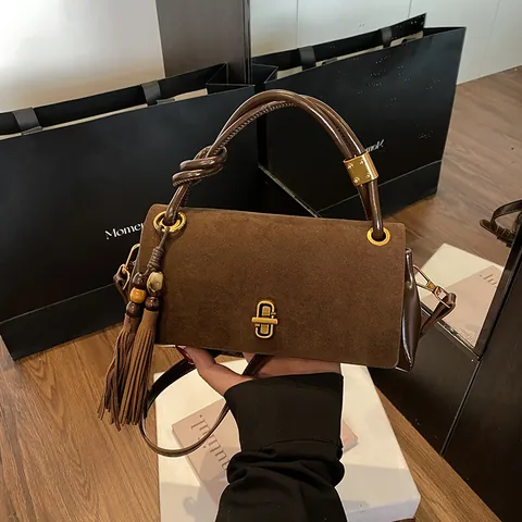 Women Vintage PU Leather Underarm Bag With Tassel Knotted Handle Metal Turn Lock Solid Color Casual Shoulder Handbag Fashion Travel