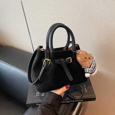 Vintage Suede Pleated Crossbody Handbag For Women Large Capacity Top Handle Shoulder Bag With Bear Pendant Commuter Bag