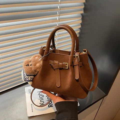 Vintage Suede Pleated Crossbody Handbag For Women Large Capacity Top Handle Shoulder Bag With Bear Pendant Commuter Bag
