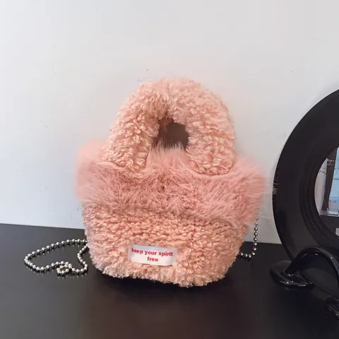 Women's Retro Faux Lamb Wool Plush Handbag Casual Letter Slogan Bucket Bag With Metal Bead Chain Shoulder Crossbody Bag